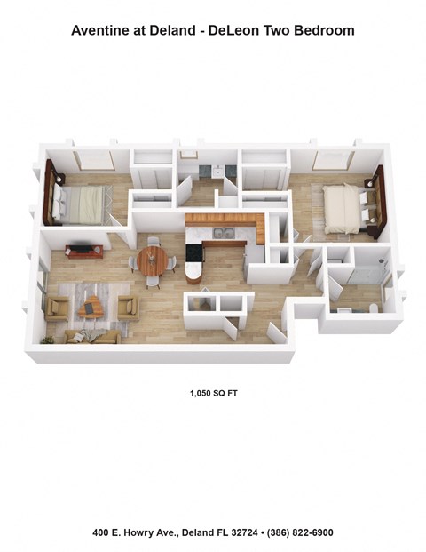 Floor plan for 2 beds, 2 baths, 1050 sqft